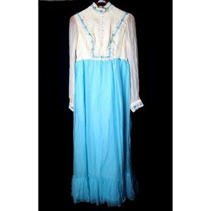 Vintage Small Turquoise Cream 60's formal Long Chiffon Women's Dress